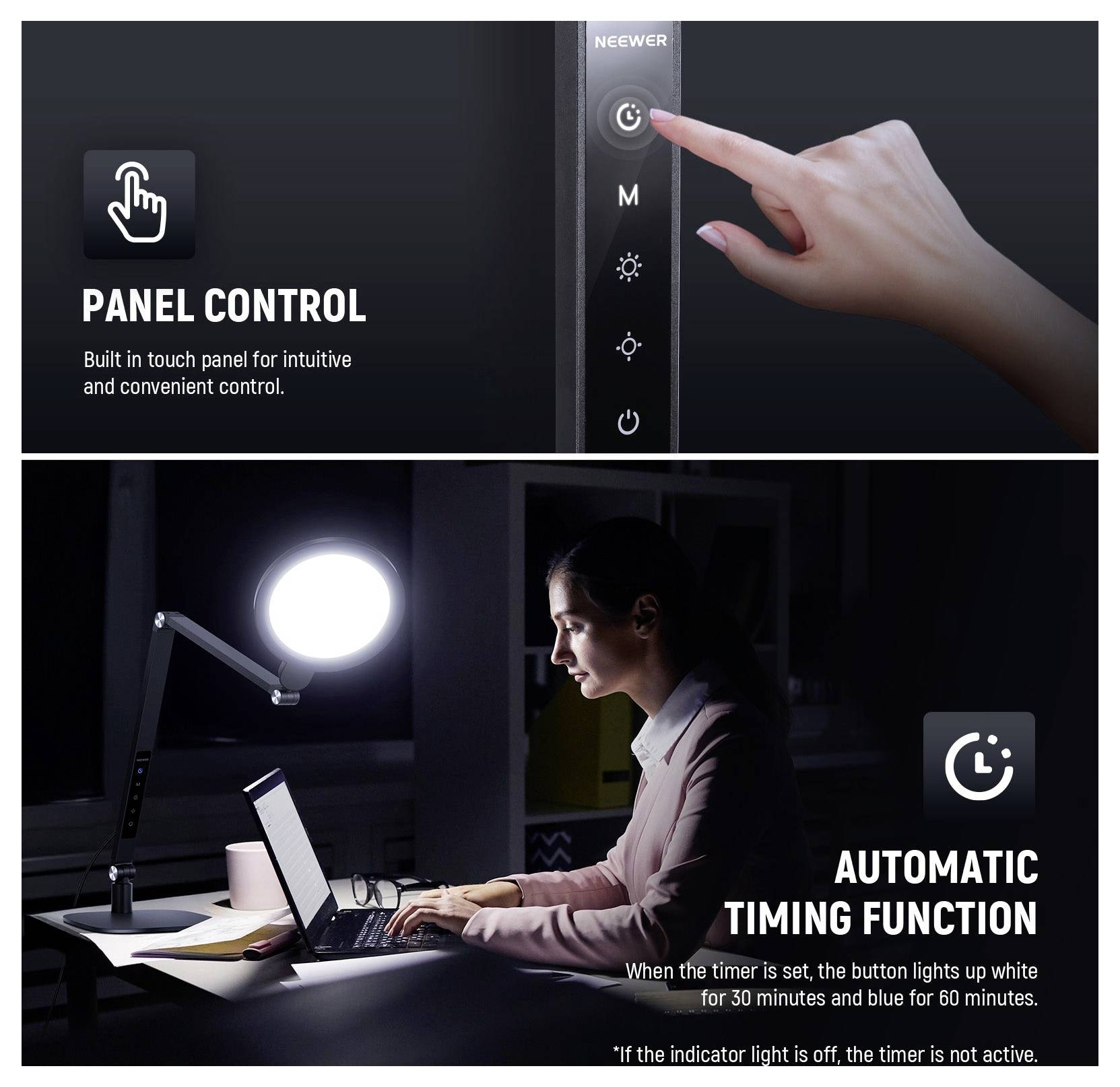 Produktwerbung zeigt die Touchpanel-Steuerung und die automatische Timer-Funktion einer Schreibtischlampe; eine Hand drückt auf das Bedienfeld, und eine Frau arbeitet an einem Laptop, der von der Lampe beleuchtet wird.