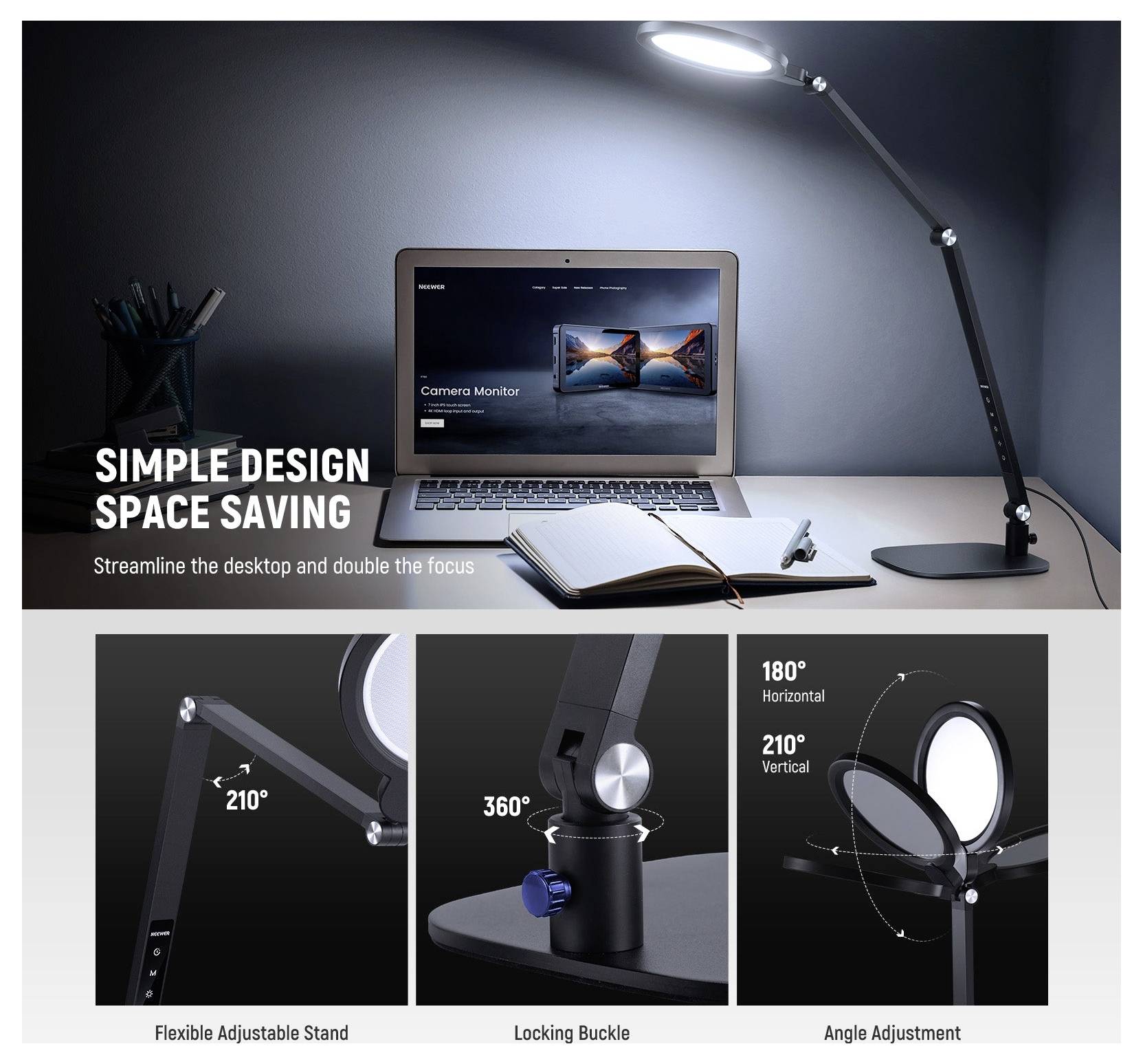 Marketingbild einer flexiblen Schreibtischleuchte/Monitorleuchte auf einem Laptop-Schreibtisch mit Text „EINFACHES DESIGN PLATZSPAREND" und Nahaufnahmen zeigen 210°-Arm, 360°-Rotation und verstellbare Winkel.