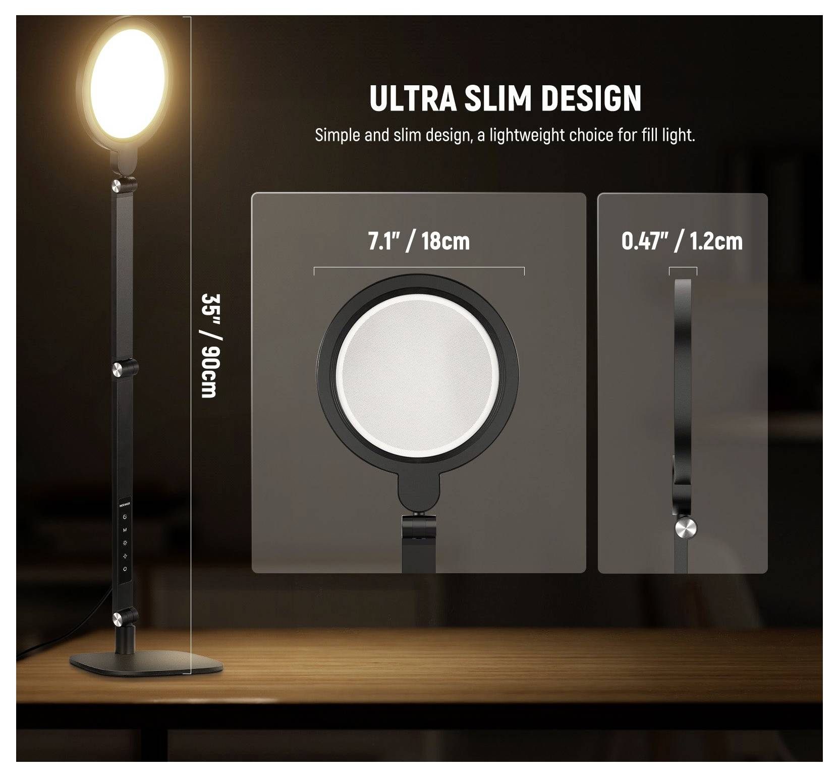 Produktbild einer schlanken LED-Ringlampe auf einem Ständer, mit der Bezeichnung „ULTRA SLIM DESIGN", zeigt Abmessungen: 35 Zoll groß, 7,1 Zoll breit, 0,47 Zoll dick.