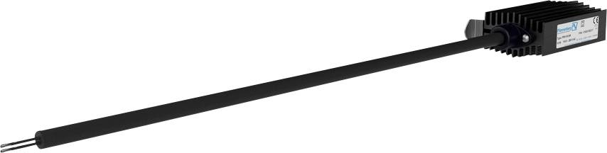 Langer schwarzer zylindrischer Sensor oder Sonde mit angebrachtem Kabel, diagonal auf weißem Hintergrund dargestellt.