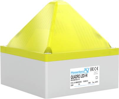 Gelbe pyramidenförmige industrielle Warnleuchte auf grauer Basis mit einem Produktetikett, das "Pannenberg QUADRO LED-HI" liest.