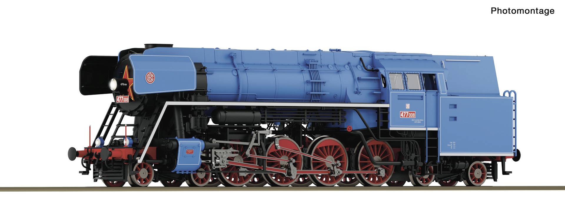 Blaue Dampflokomotive in Seitenansicht, dargestellt als Fotomontage auf weißem Hintergrund.