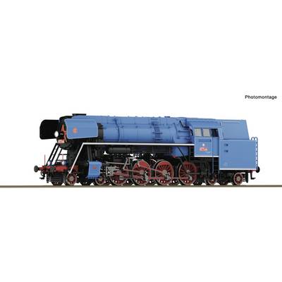 Blaue Dampflokomotive in Seitenansicht, dargestellt als Fotomontage auf weißem Hintergrund.