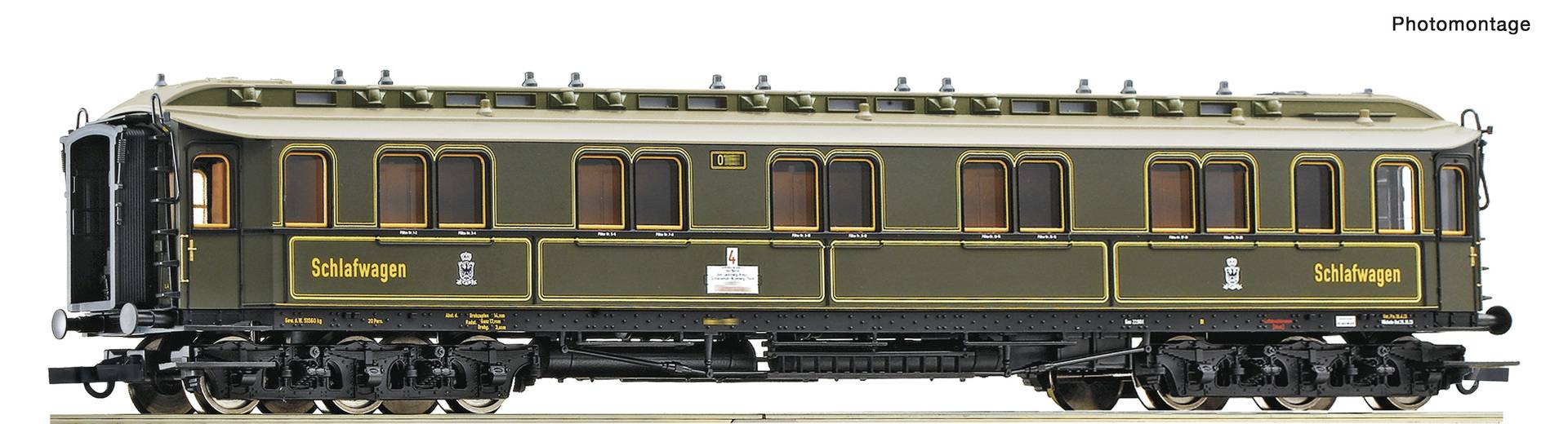 Seitenansicht eines Vintage-Eisenbahn-Schlafwagens in dunklem Grün und Schwarz mit der Aufschrift „Schlafwagen" auf weißem Hintergrund.
