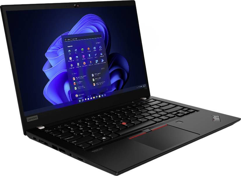 Schwarzer Lenovo ThinkPad Laptop, schräg geöffnet, zeigt einen Windows 11-Bildschirm an und rot TrackPoint auf der Tastatur.