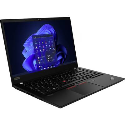 Schwarzer Lenovo ThinkPad Laptop, schräg geöffnet, zeigt einen Windows 11-Bildschirm an und rot TrackPoint auf der Tastatur.