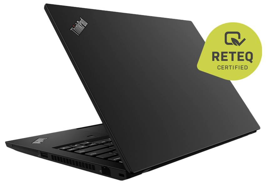 Schwarzer Lenovo ThinkPad-Laptop, teilweise geöffnet, mit einem Reteq Certified-Abzeichen in der Ecke.