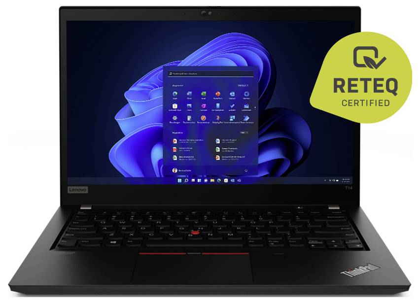 Schwarzer Lenovo ThinkPad-Laptop, geöffnet mit angezeigtem Windows 11-Desktop, frontal dargestellt mit dem Abzeichen „RETEQ CERTIFIED" in der oberen rechten Ecke.