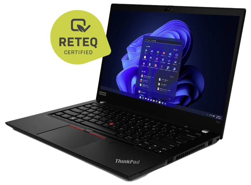 Schwarzer Lenovo ThinkPad Laptop offen mit Windows 11 auf dem Bildschirm, gezeigt mit einem grünen "RETEQ CERTIFIED" Badge.