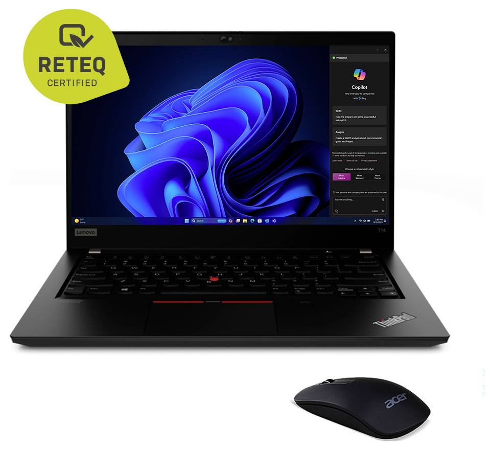 Lenovo ThinkPad Laptop mit Windows 11 und Microsoft Copilot geöffnet, plus eine kabellose Acer-Maus; „RETEQ CERTIFIED"-Abzeichen in der Ecke.