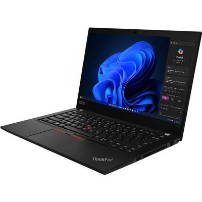Ein Lenovo ThinkPad-Laptop mit Windows 11 geöffnet, mit dem blauen abstrakten Hintergrundbild und einem Copilot-Seitenpanel auf dem Bildschirm.