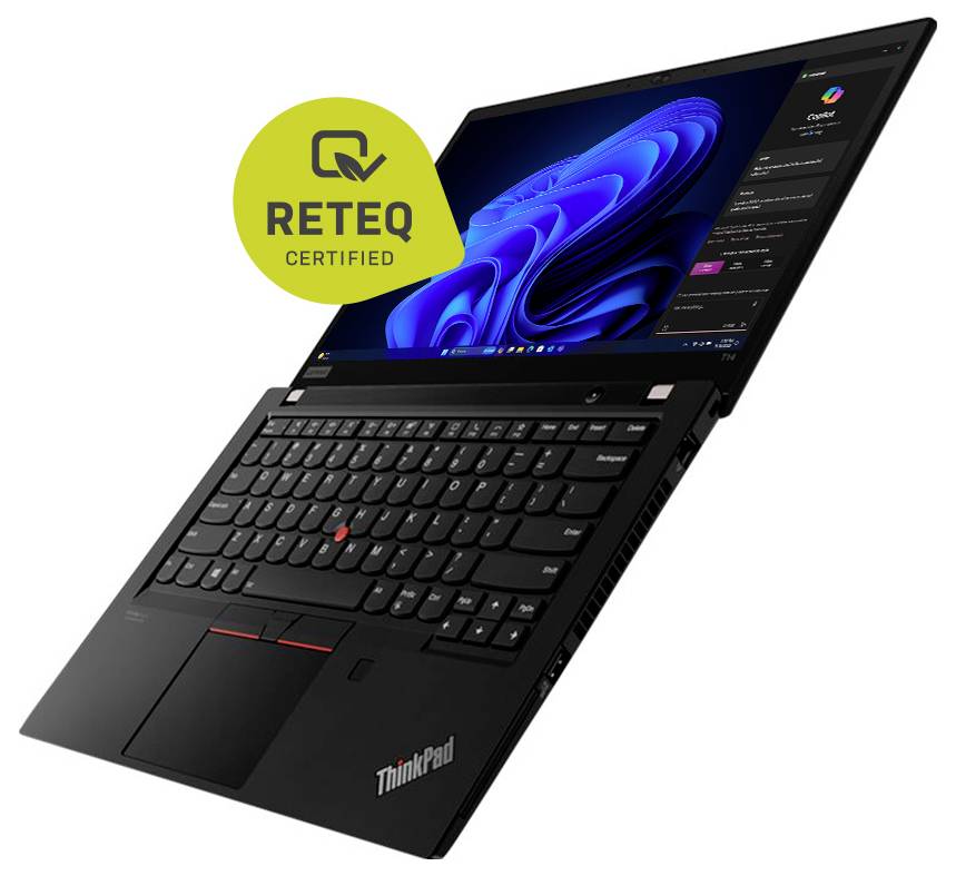 Schwarzer Lenovo ThinkPad Laptop, in einem Winkel aufgeklappt, zeigt Windows-Desktop mit einem "RETEQ CERTIFIED" Badge in der Ecke.