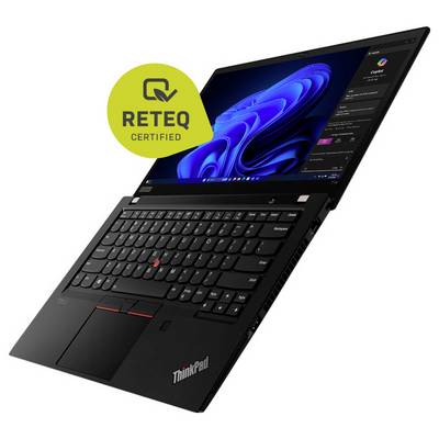 Schwarzer Lenovo ThinkPad Laptop, in einem Winkel aufgeklappt, zeigt Windows-Desktop mit einem "RETEQ CERTIFIED" Badge in der Ecke.