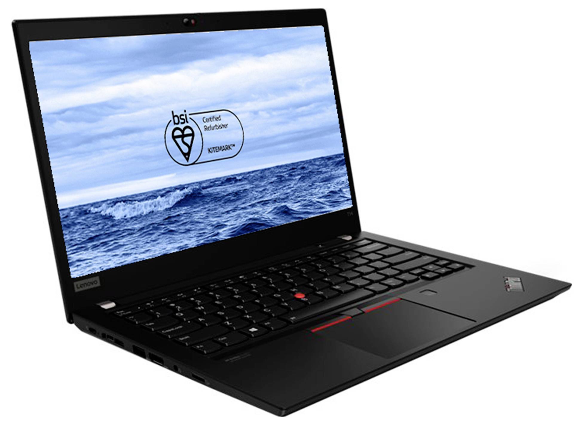 Schwarzer Lenovo ThinkPad Laptop, der in einem Winkel geöffnet ist und einen blauen Ozean-Hintergrundbild mit einem kleinen "bsi"-Zertifizierungslogo auf dem Bildschirm anzeigt.