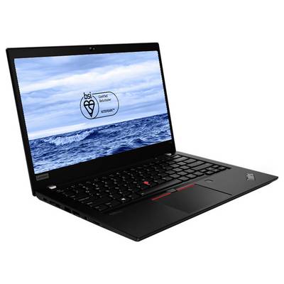 Schwarzer Lenovo ThinkPad Laptop, der in einem Winkel geöffnet ist und einen blauen Ozean-Hintergrundbild mit einem kleinen "bsi"-Zertifizierungslogo auf dem Bildschirm anzeigt.