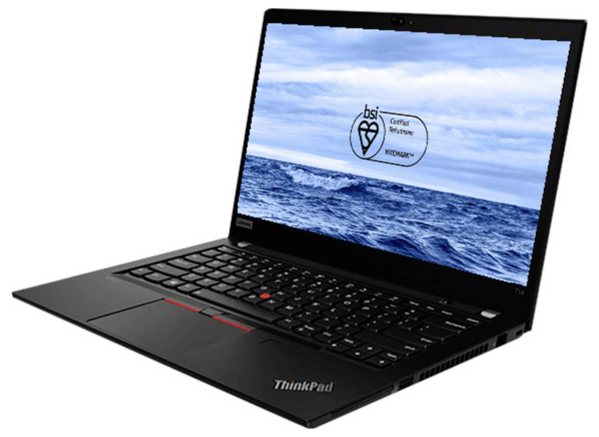 Schwarzer Lenovo ThinkPad-Laptop in einem Winkel geöffnet, zeigt ein Ocean-Hintergrundbild mit einem "B Corp Certified"-Logo auf dem Bildschirm.