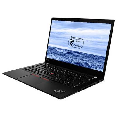 Schwarzer Lenovo ThinkPad-Laptop in einem Winkel geöffnet, zeigt ein Ocean-Hintergrundbild mit einem "B Corp Certified"-Logo auf dem Bildschirm.