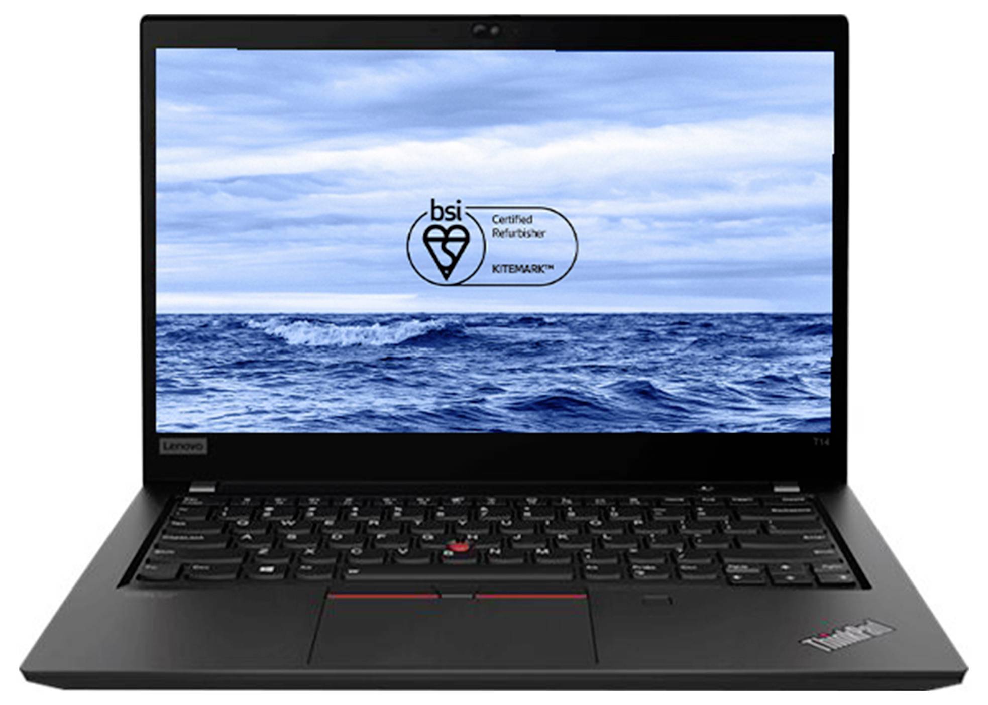 Schwarzer Lenovo ThinkPad-Laptop mit Ozean-Hintergrundbild auf dem Bildschirm und zentriertem "bsi Certified Refurbished"-Logo auf der Anzeige.