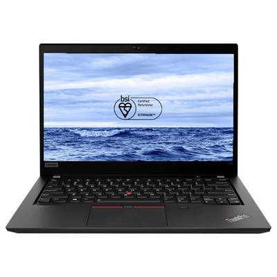 Schwarzer Lenovo ThinkPad-Laptop mit Ozean-Hintergrundbild auf dem Bildschirm und zentriertem "bsi Certified Refurbished"-Logo auf der Anzeige.