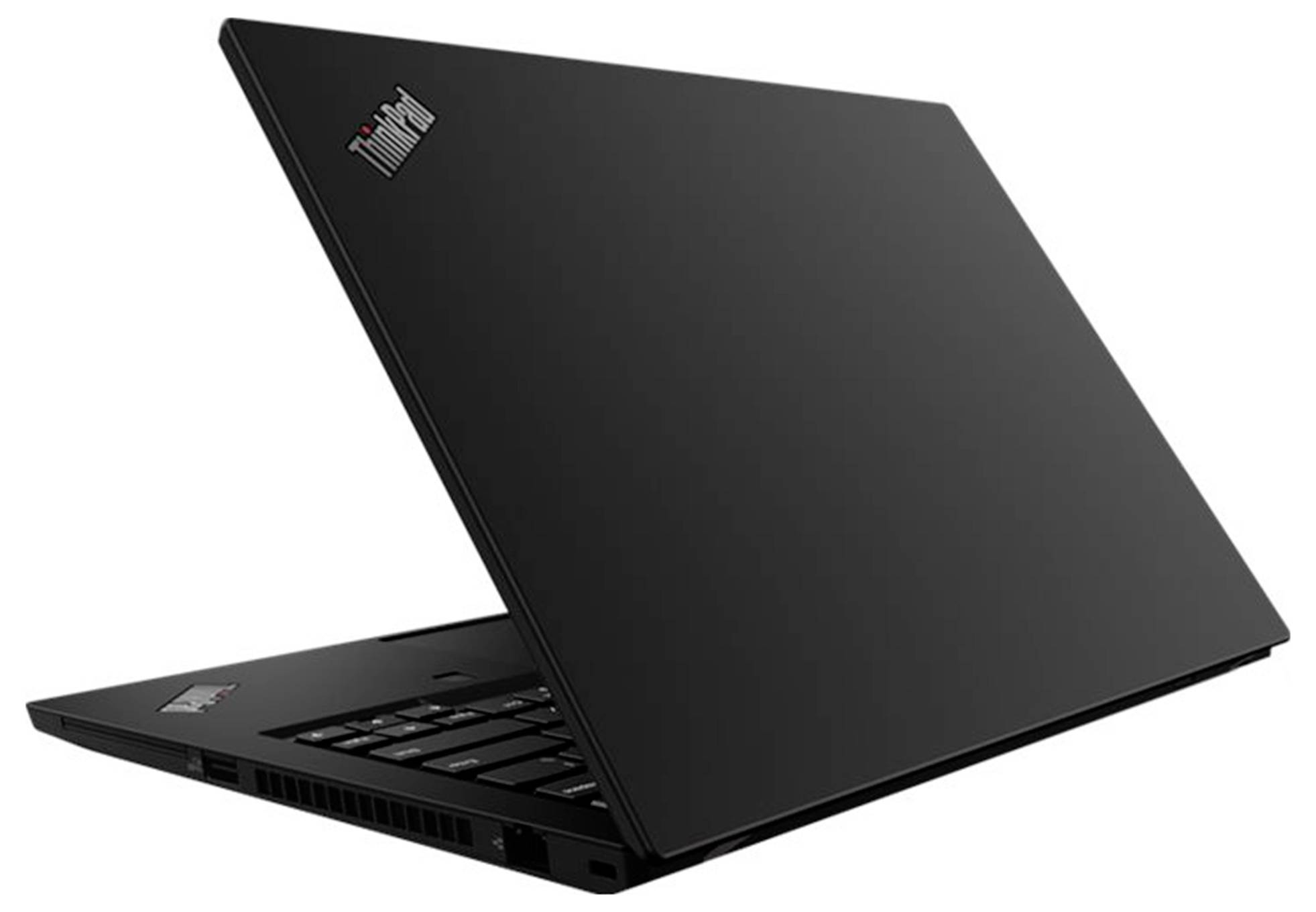 Schwarzes ThinkPad-Laptop, teilweise geöffnet auf weißem Hintergrund, von vorne links betrachtet.