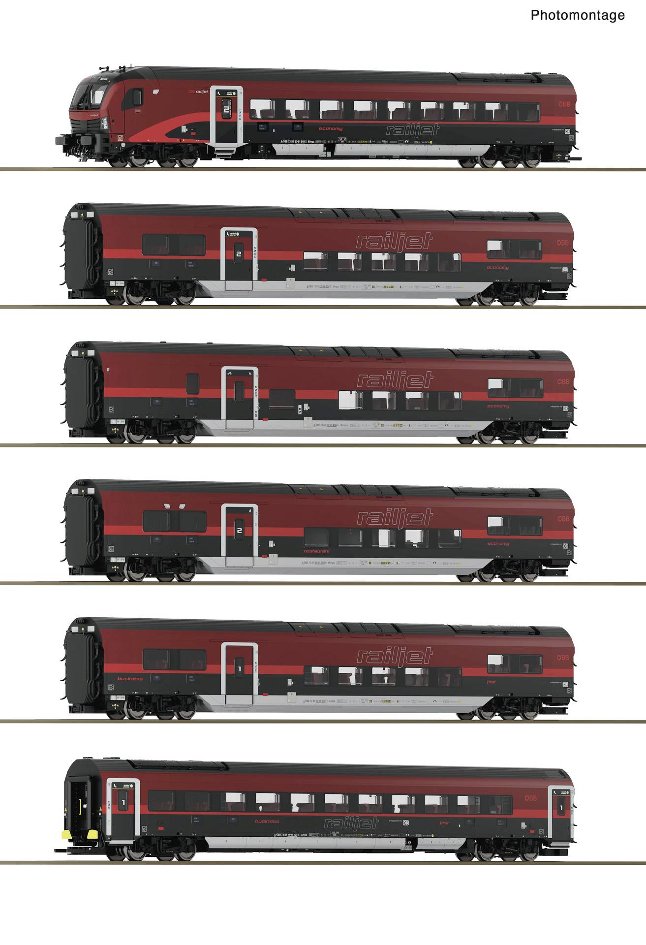 Fotomontage von sechs Seitenansichten von rot-schwarzen Personenzugwagen mit unterschiedlichen Außendesigns und Fensterlayouts.