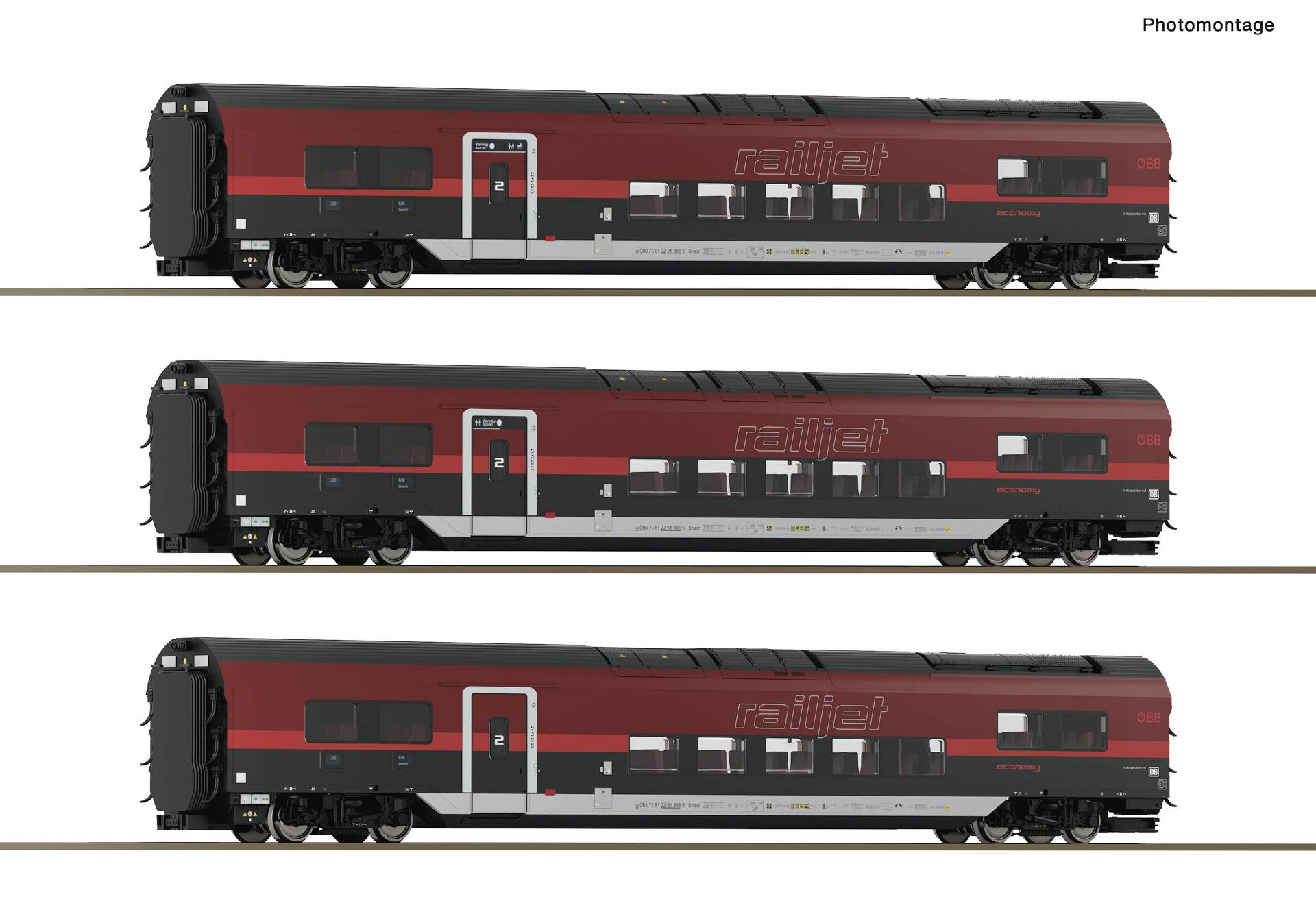 Fotomontage von drei Seitenschnitt-Eisenbahnwagenmodellen in rot, schwarz und grau, die leichte Unterschiede bei der Platzierung von Fenstern und Türen zeigen.