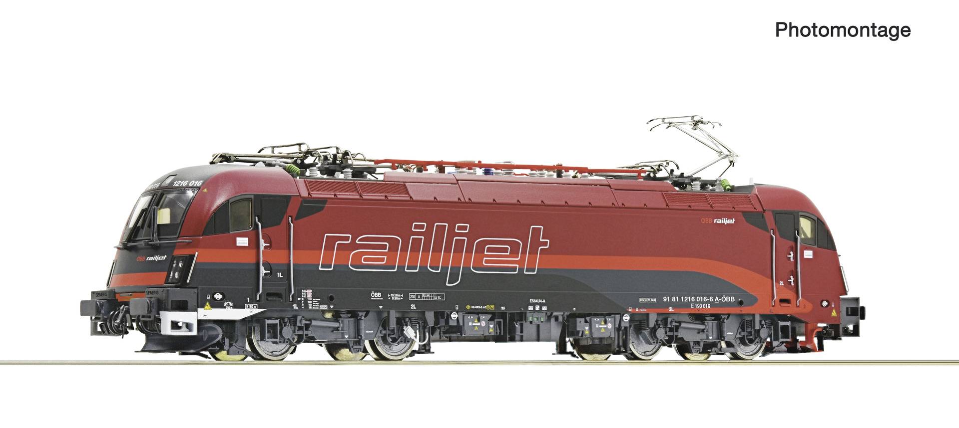 Seitenansicht einer roten und schwarzen Railjet-Elektrolokomotive auf weißem Hintergrund, dargestellt als Fotomontage.