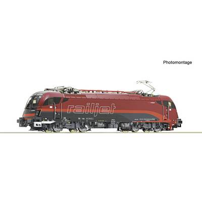 Seitenansicht einer roten und schwarzen Railjet-Elektrolokomotive auf weißem Hintergrund, gekennzeichnet als „Fotomontage".