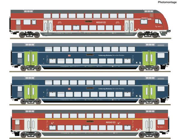 Roco 6210250 H0 4-tlg. Set: Doppelstockwagen (DCC) Wagenset mit vier Doppelstockwagen der Deutschen Bahn