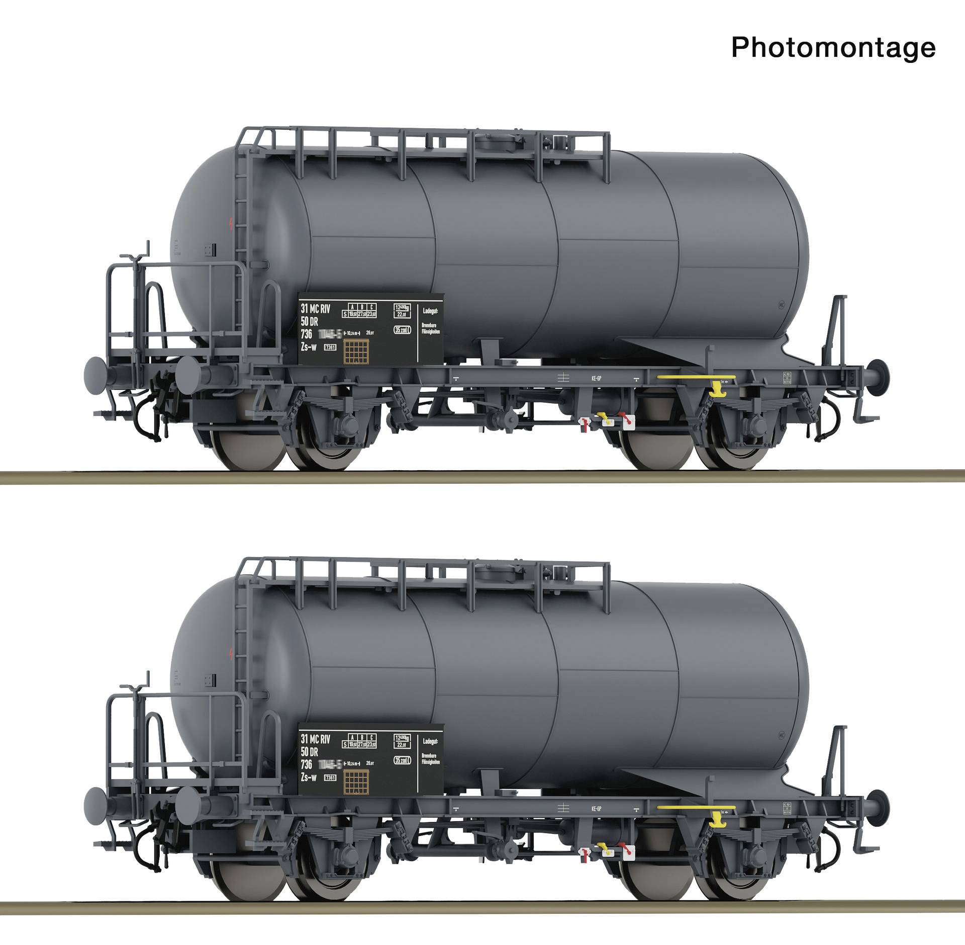 Zwei Seitenansichten grauer Tankwagen mit der Beschriftung „Fotomontage", übereinander auf weißem Hintergrund dargestellt.