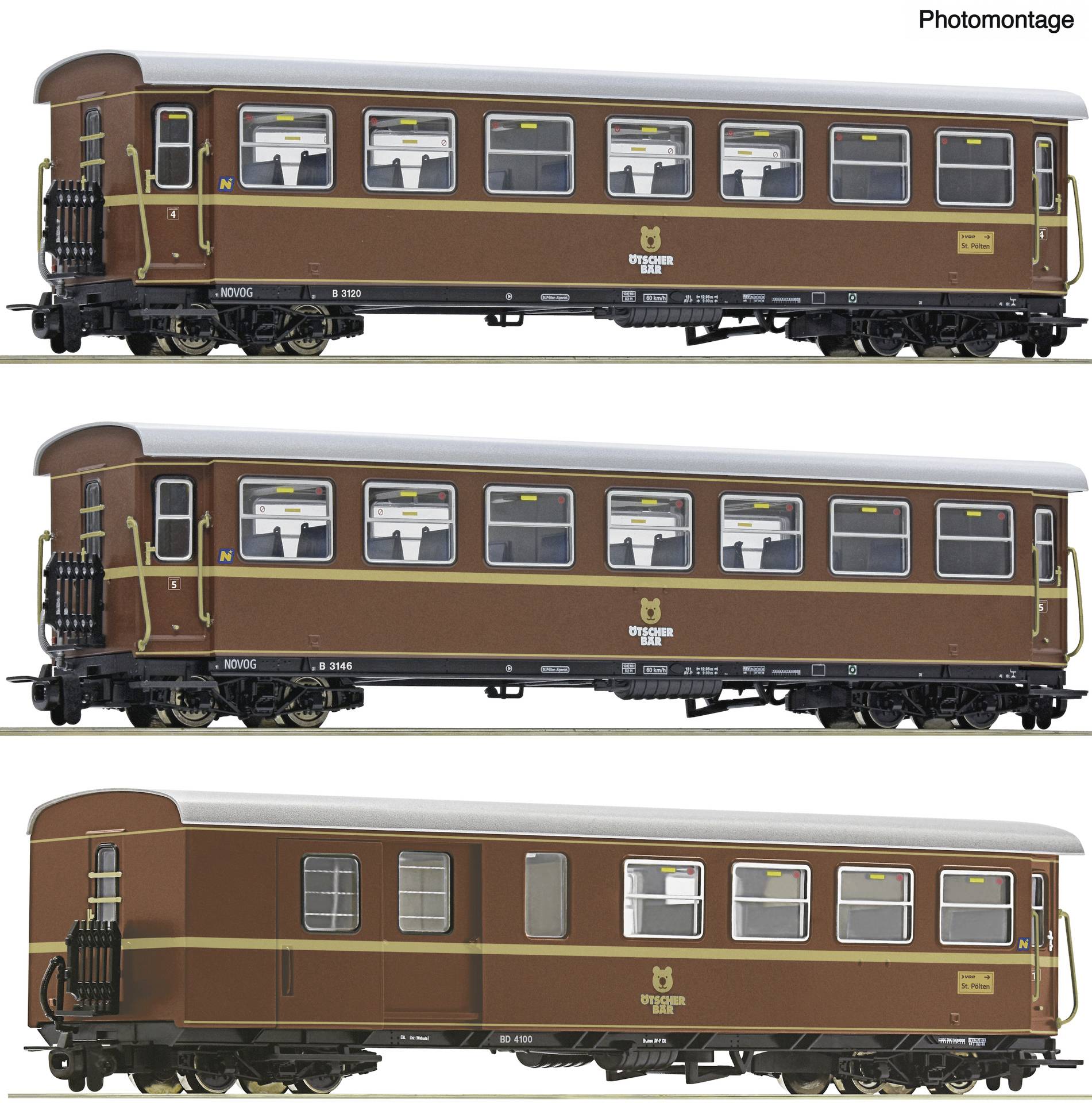 Drei Seitenaufnahmen eines braunen Vintage-Personenreisewagens, die das gleiche Eisenbahnwagen aus leicht unterschiedlichen Winkeln zeigen.
