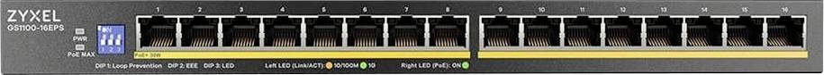 Frontplatte eines Zyxel-Netzwerk-Switches mit mehreren Ethernet-Anschlüssen und Status-LEDs, die Anschluss-Nummern und Verbindungs-/Aktivitätsindikatoren anzeigen.