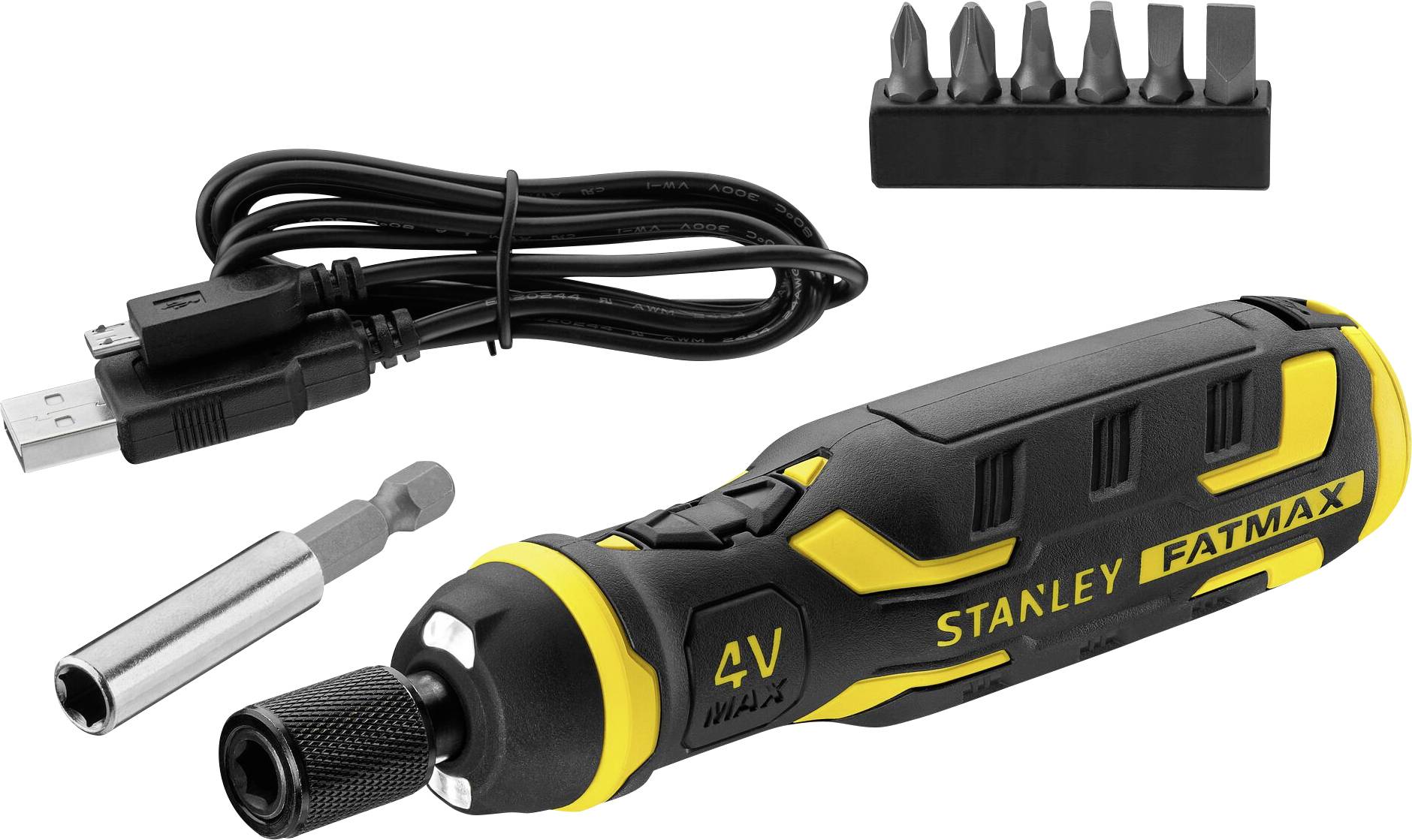 Stanley FatMax 4V Akku-Schraubendreher-Set mit USB-Ladekabel, Bithalter und sechs Schraubendreherbits.
