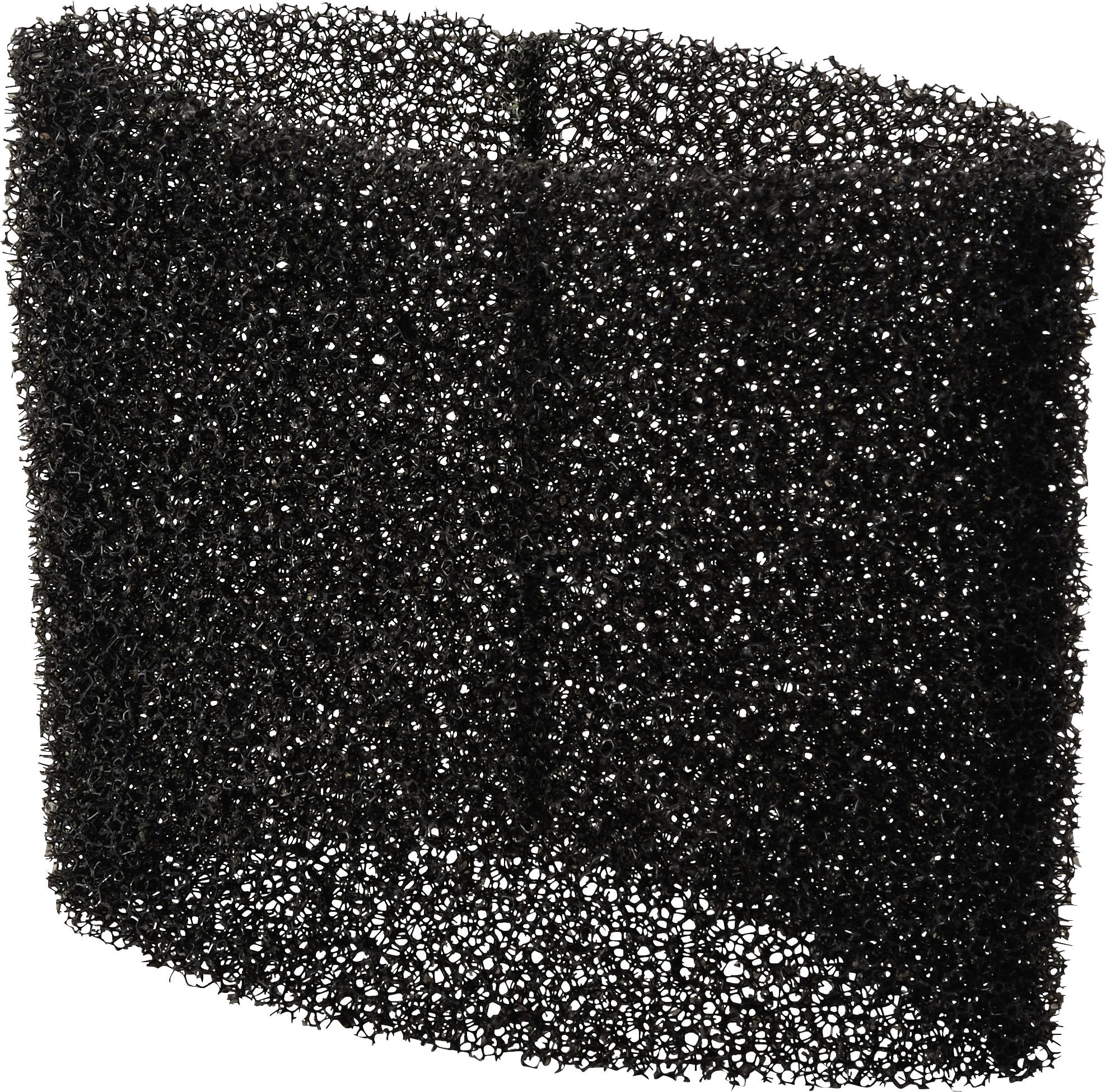Schwarzes poröses Schaumstoff-Filterpad mit dichter rechteckiger Form auf weißem Hintergrund.