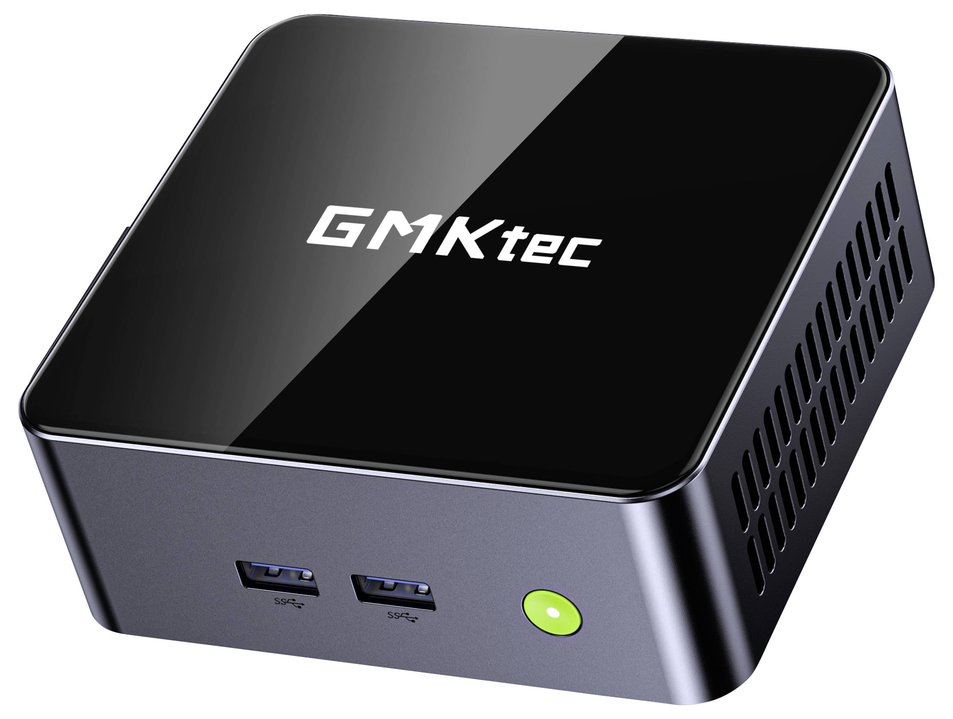 Kompakter GMKtec Mini-PC mit glänzend schwarzer Oberseite, zwei vorderen USB-Anschlüssen und grünem Netzschalter.