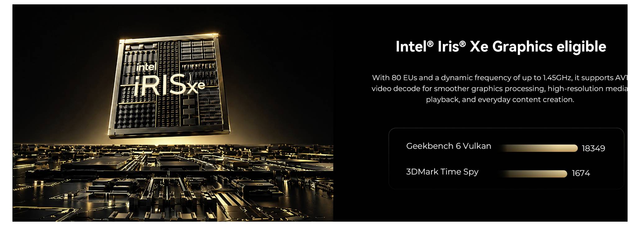 Intel Iris Xe Grafik berechtigte Aktionsgrafik mit einem Chip-Bild auf der linken Seite und Leistungsansprüchen auf der rechten Seite, einschließlich "Geckbench 6 Vulkan 18349" und "3DMark Time Spy 1674".