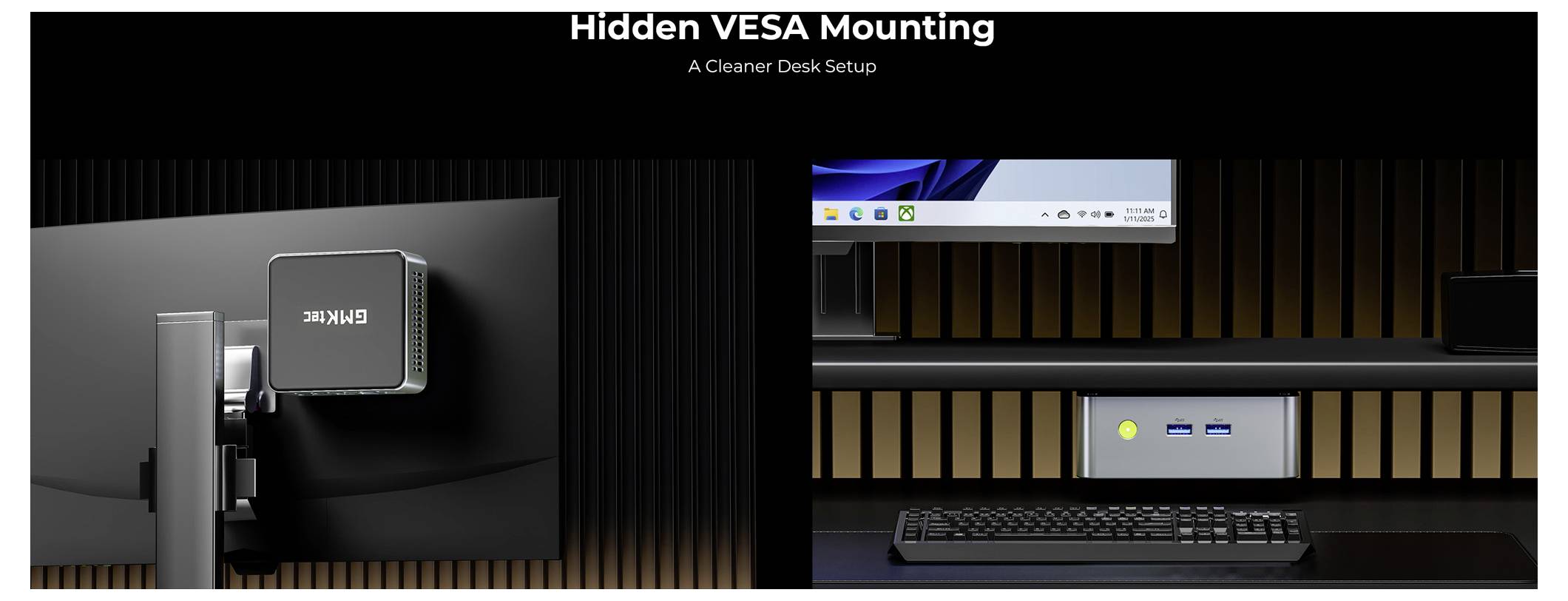 Werbegrafik für „Versteckte VESA-Montierung" und „Ein sauberer Schreibtischaufbau", zeigt einen Monitor und einen versteckt montierten PC, eine Tastatur und einen Schreibtisch mit kabellosem Aussehen.
