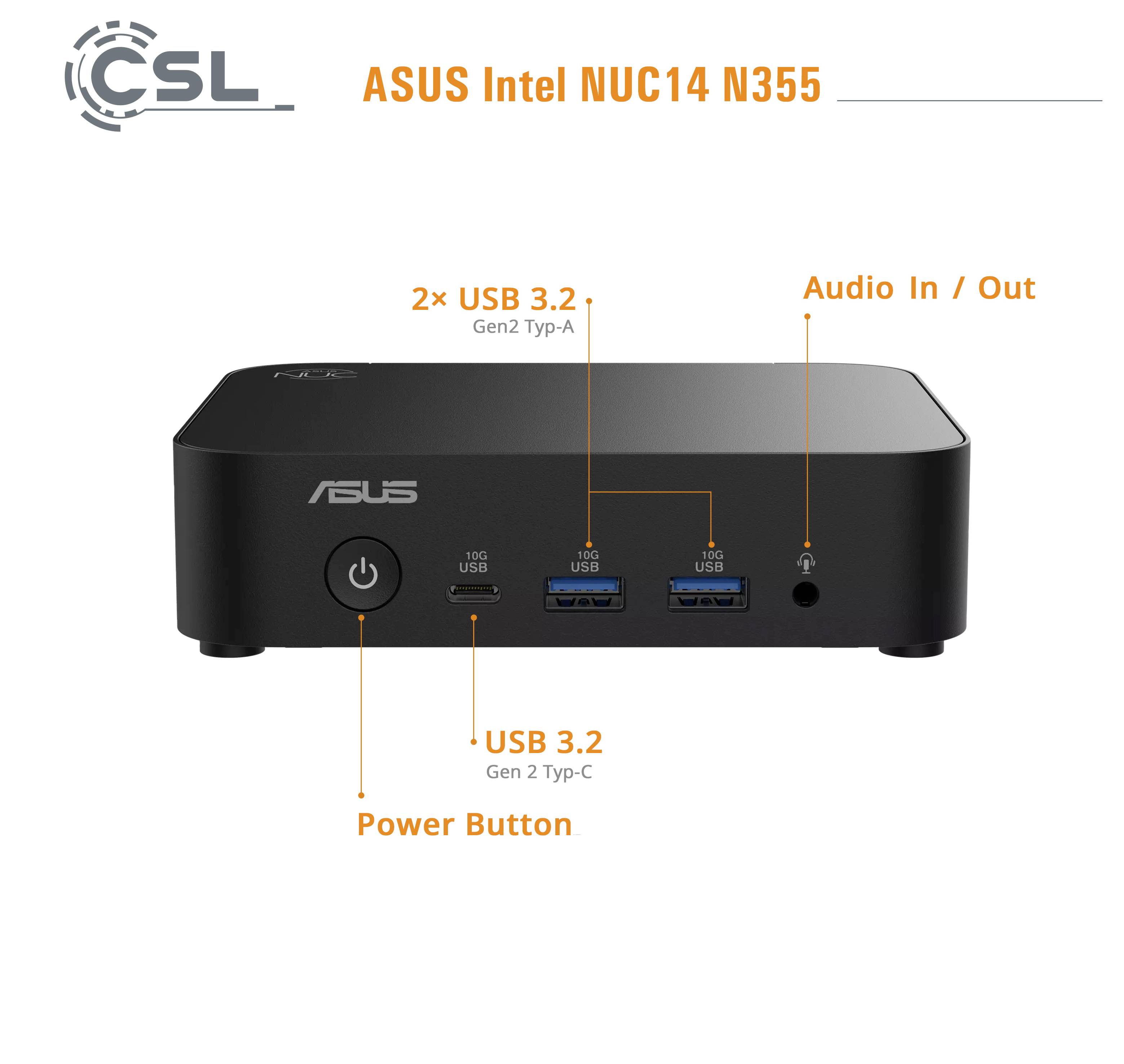 ASUS Intel NUC14 N355 Mini-PC, Frontansicht mit beschrifteten Anschlüssen: Ein-/Ausschalter, USB 3.2 Gen 2 Type-C, 2x USB 3.2 Gen 2 Type-A sowie Audio-Ein- und -Ausgang.