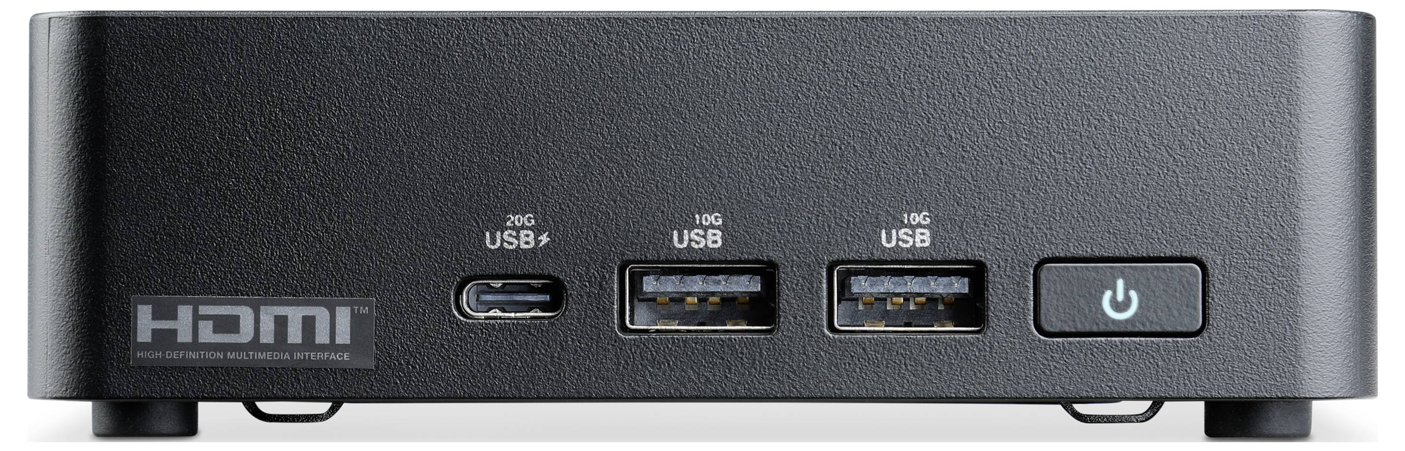 Frontansicht eines kompakten Mediengeräts mit HDMI-, USB-C- und zwei USB-A-Anschlüssen sowie einem Stromschalter auf der rechten Seite.