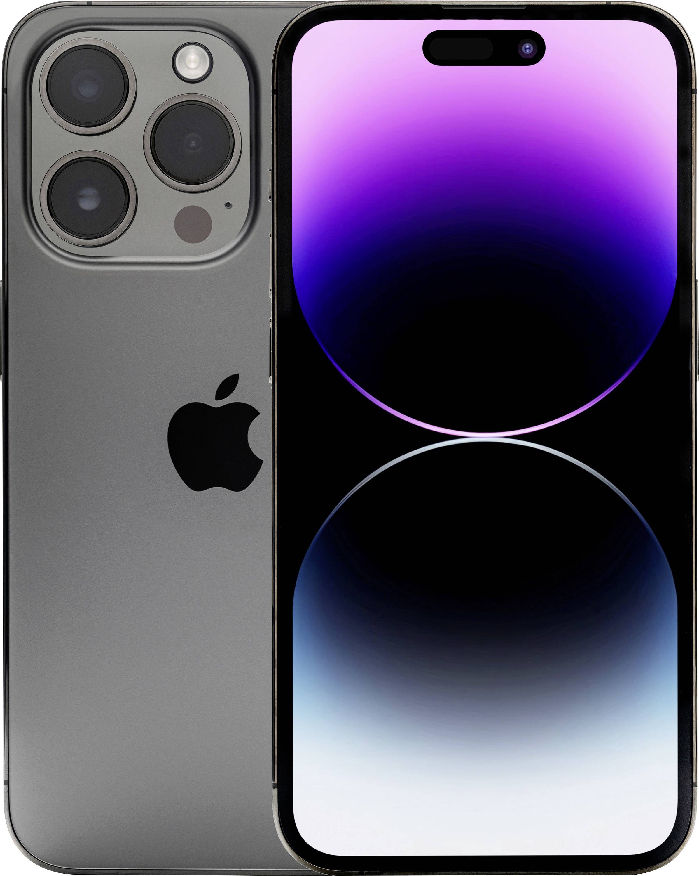 Vorder- und Rückansicht eines grauen iPhones mit dreifacher Rückfahrtkamera und einem violett-blauen Farbverlauf-Hintergrundbild auf dem Bildschirm.