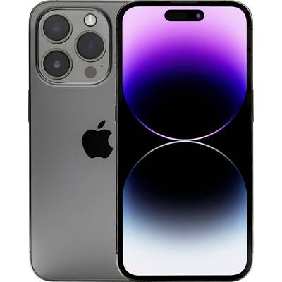 Vorder- und Rückansicht eines grauen iPhones mit dreifacher Rückfahrtkamera und einem violett-blauen Farbverlauf-Hintergrundbild auf dem Bildschirm.