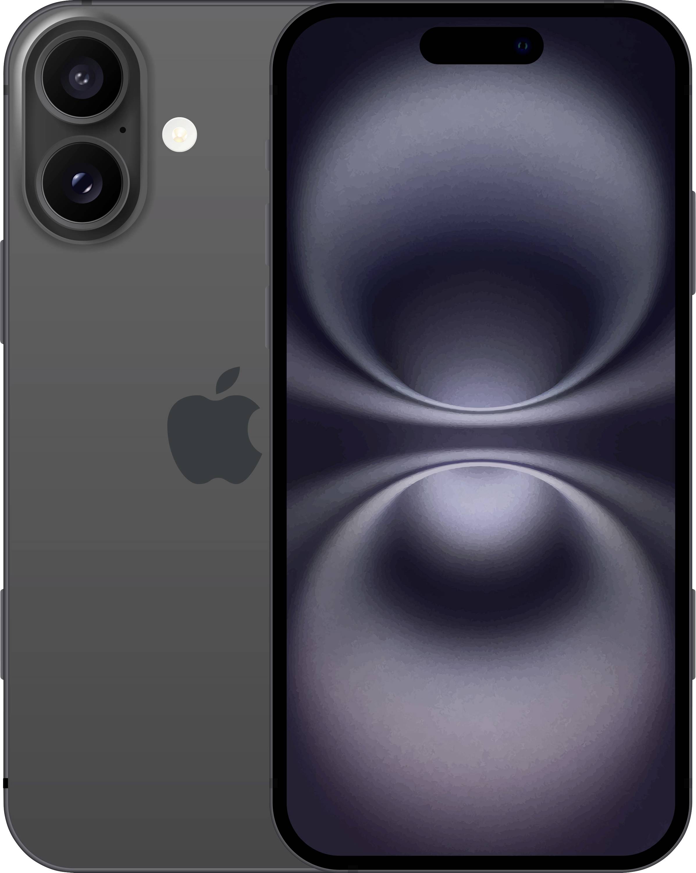 Vorder- und Rückansicht eines dunkelgrauen iPhones mit dualen Rückfahrkameras und einem lila abstrakten Hintergrundbild auf dem Display.