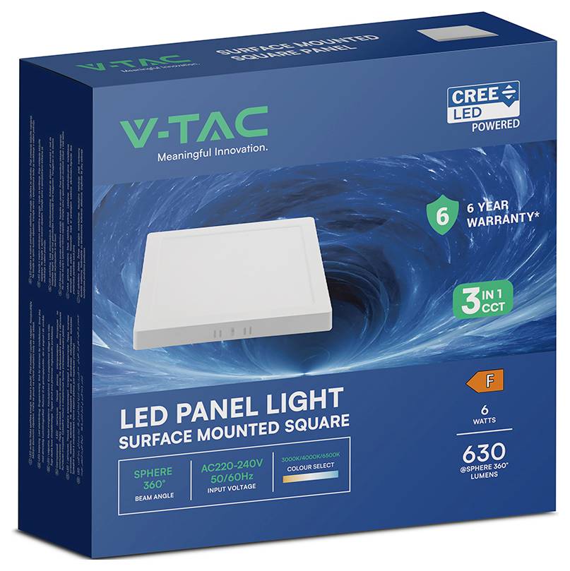 Verpackung für ein VTAC LED-Panelleuchte, aufputzmontagefähiges Quadrat, zeigt ein weißes Panel, mit CREE-LED betrieben, 6 Jahre Garantie, 3-in-1 CCT, 6 Watt, 630 Lumen.