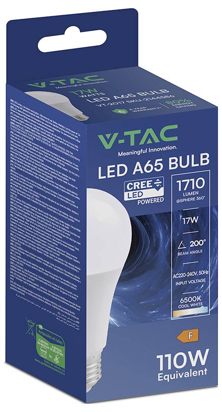 Blaue V-TAC LED A65 Glühbirne in Einzelhandelsverpackung mit Beschriftung „CREE LED angetrieben", „1710 Lumen", „17W", „6500K Kaltweiß", „110W Equivalent".