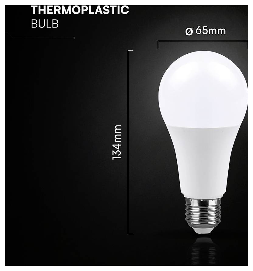 Thermoplastische Glühbirne Produktbild mit beschrifteten Abmessungen: 134mm hoch und 65mm breit.