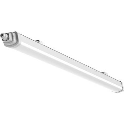 Lange weiße LED-Röhrenleuchte mit metallischer Endkappe, auf weißem Hintergrund abgebildet.
