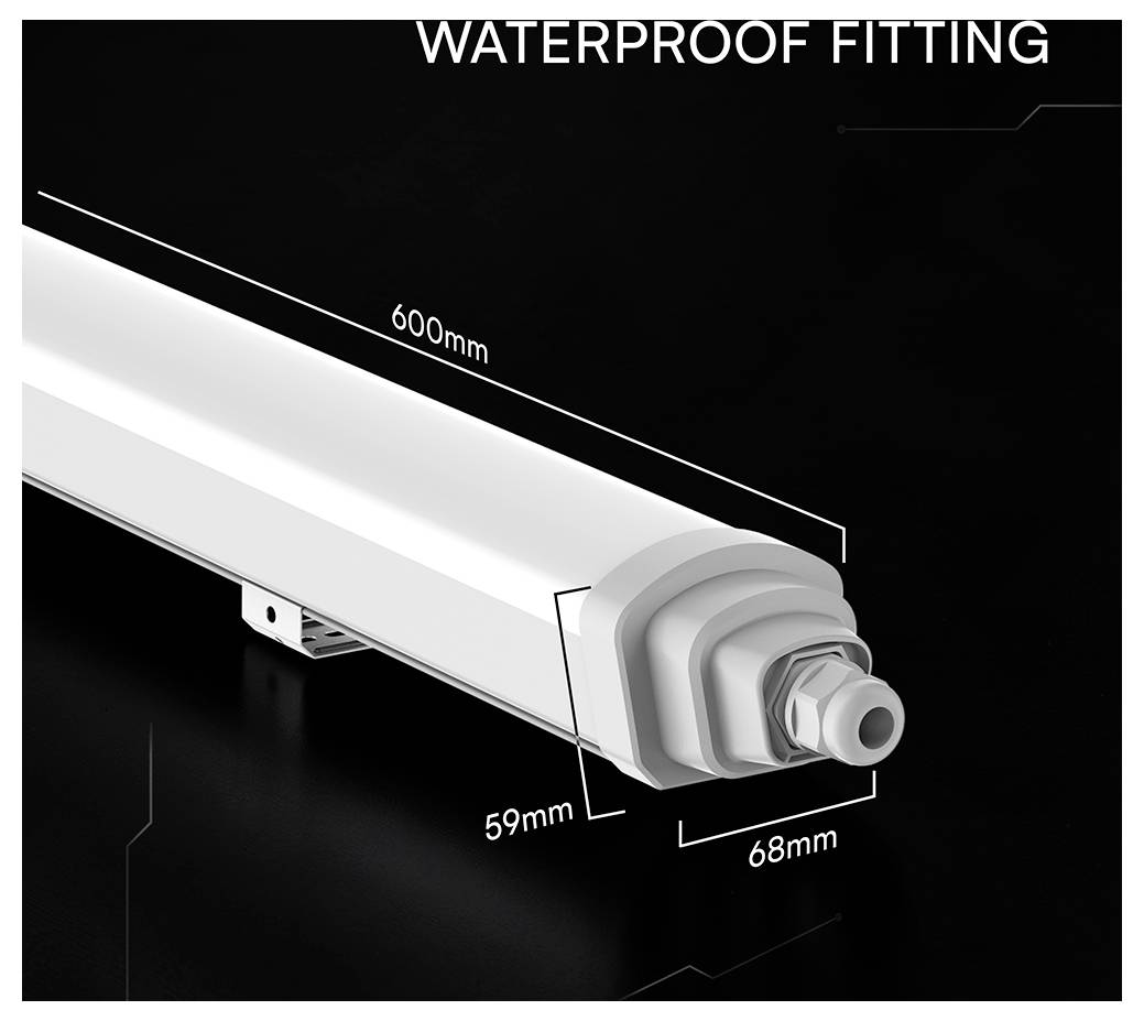 Wasserdichte Befestigungsillustration einer langen LED-Leuchte mit einer Länge von 600mm, einer Breite von 59mm und einem Endbefestigungsdurchmesser von 68mm.