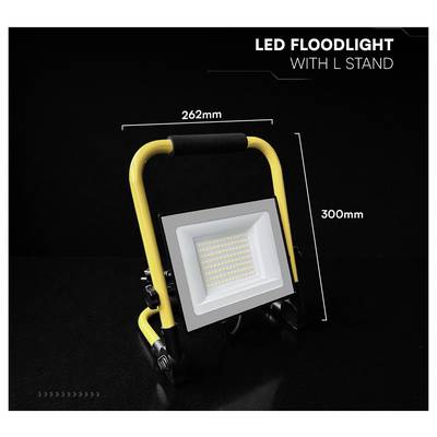 Produktbild einer gelb-schwarzen LED-Flutlichtleuchte mit L-Stativ, das auf schwarzem Hintergrund die Abmessungen 262 mm Breite und 300 mm Höhe zeigt.