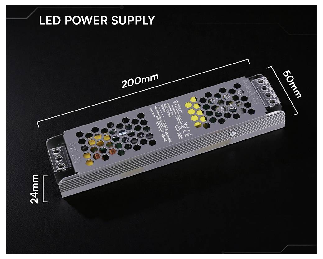 LED-Stromversorgungsgerät in Perspektive dargestellt mit gekennzeichneten Abmessungen von 200 mm x 50 mm x 24 mm.