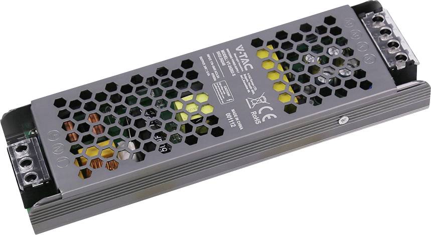 Schwarzes Metall-LED-Netzteil mit Wabenbelüftung und sichtbaren Anschlussklemmen an beiden Enden, in Schrägansicht auf weißem Hintergrund gezeigt.